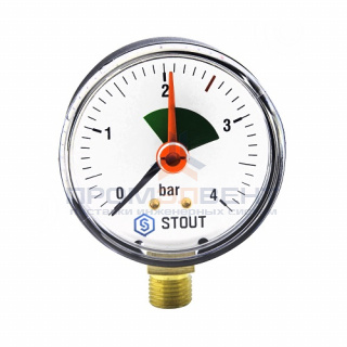 Манометр радиальный STOUT - 1/4" (D63 мм, шкала 0-4 бар, с указателем предела)
